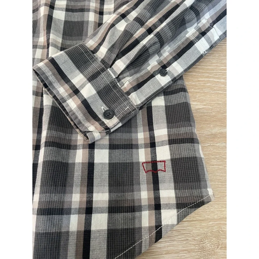 Levis Men L Western Pearl Snap Button up  Shirt Plaid Cotton Piping‎ CowBoy Gray